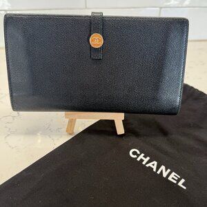 Chanel Coco Button Black Caviar Leather Continental Wallet